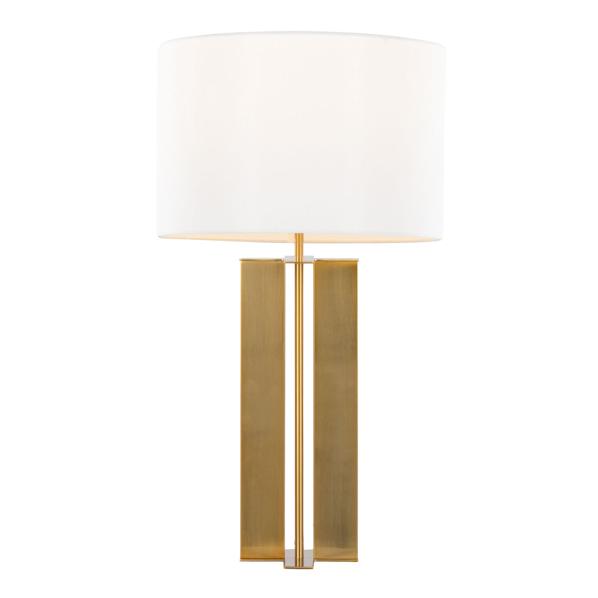 Cosmo Contemporary Table Lamp by HouseOfZazla with white shade and gold rectangular base on Tampa Home & Garden Store