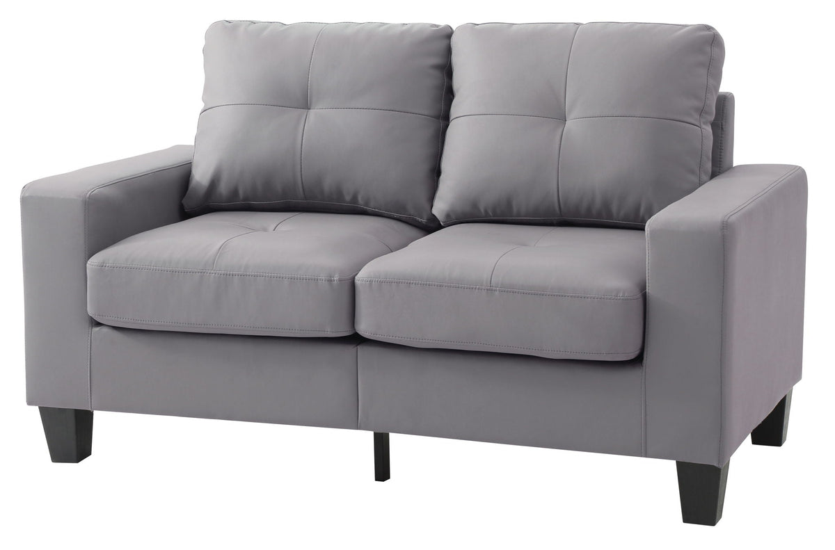 Upholstered track-arm loveseat in gray fabric with two cushions and black legs on Tampa Home & Garden Store