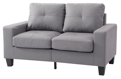 Upholstered track-arm loveseat in gray fabric with two cushions and black legs on Tampa Home & Garden Store