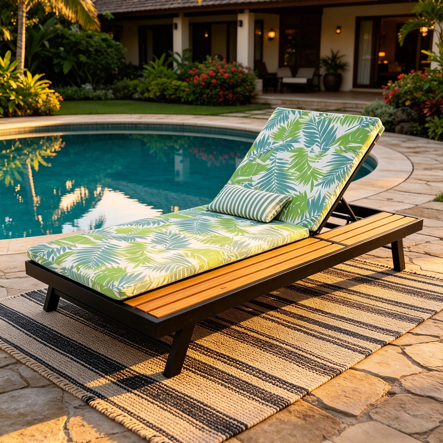Black Iron and Teak Outdoor Chaise Lounge Set