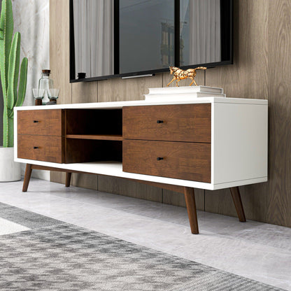 Modern TV stand 72in white frame with dark wood drawers, mid-century legs, TV mounted above on Tampa Home & Garden Store