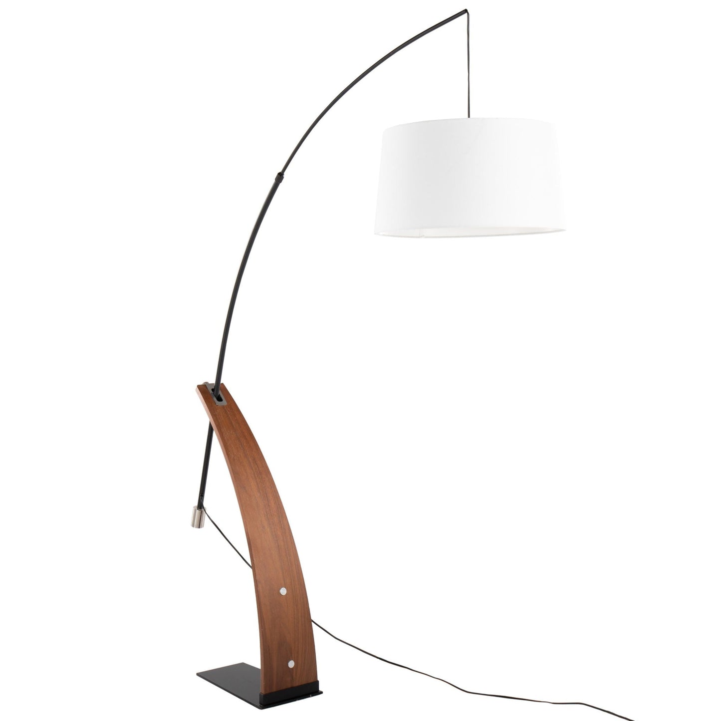 Robyn mid-century floor lamp with curved black arm, white drum shade, wooden base on Tampa Home & Garden Store