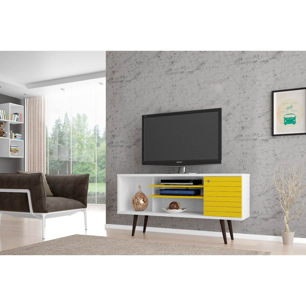 Smart Storage TV Stand with solid wood legs, white cabinet with yellow drawers on Tampa Home & Garden Store