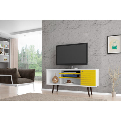 Smart Storage TV Stand with solid wood legs, white cabinet with yellow drawers on Tampa Home & Garden Store