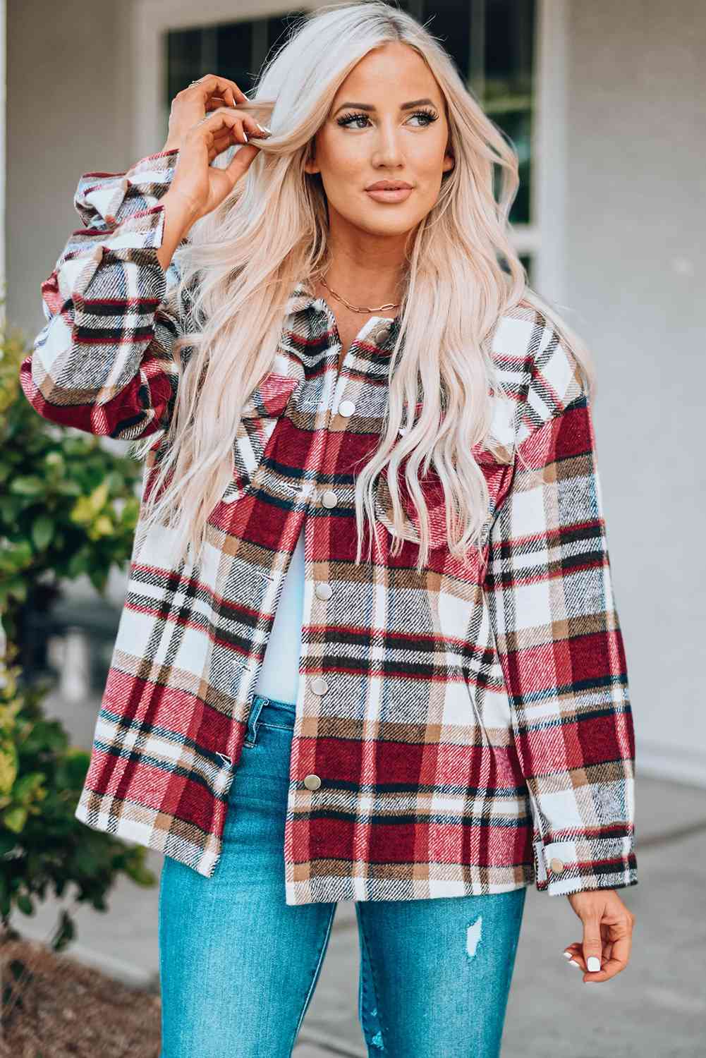 Stevvex plaid button-front shirt jacket with breast pockets in red white tan plaid on Tampa Home & Garden Store
