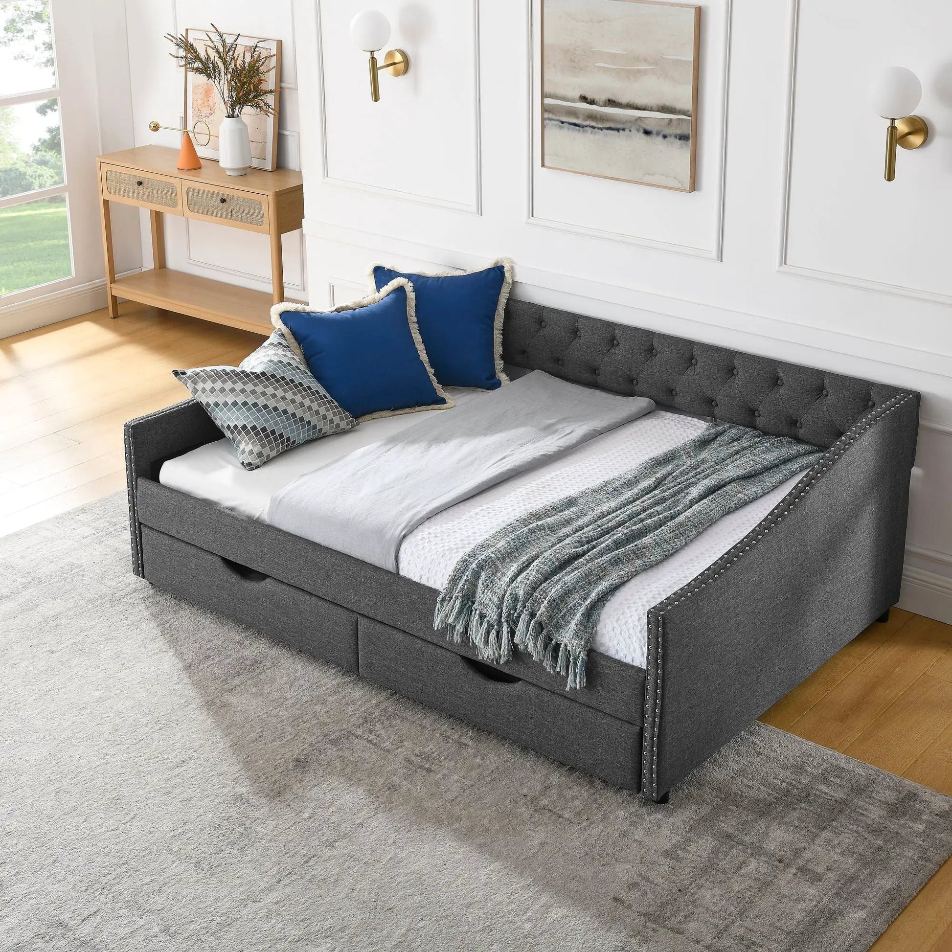 Upholstered tufted daybed with 2 drawers, waved arms in grey fabric on Tampa Home & Garden Store