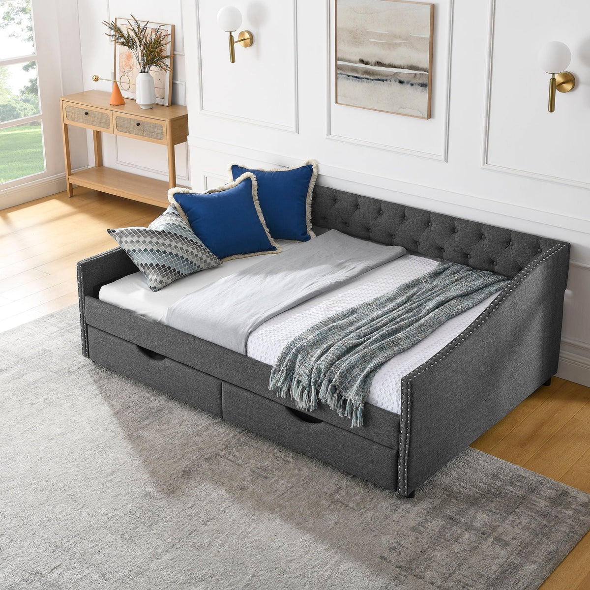 Upholstered Tufted Daybed with Storage Drawers