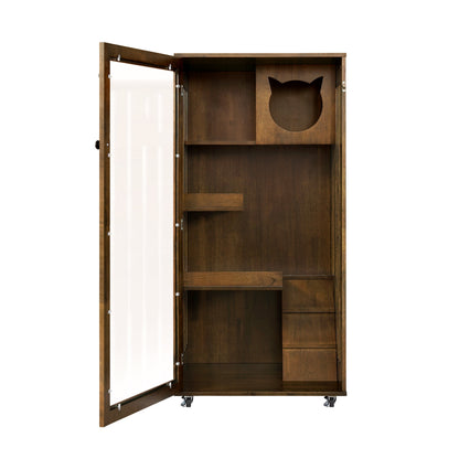 Basia Indoor Rubber Wood Cat Cabinet dark wood finish glass door cat silhouette cutout on Tampa Home & Garden Store