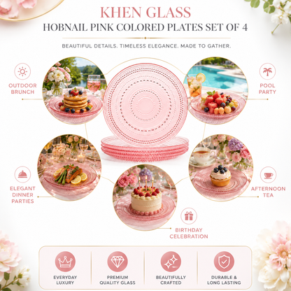Blush Pink Hobnail Glass Dinner Plates Set of 4