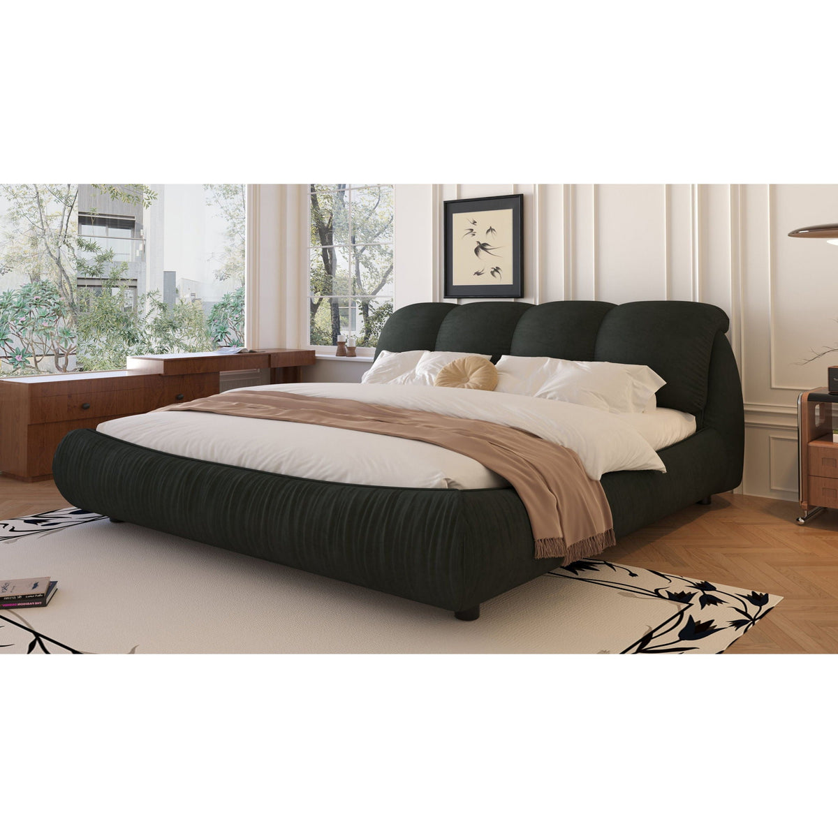 Luxury upholstered platform bed with oversized padded backrest in green fabric HouseOfZazla on Tampa Home & Garden Store
