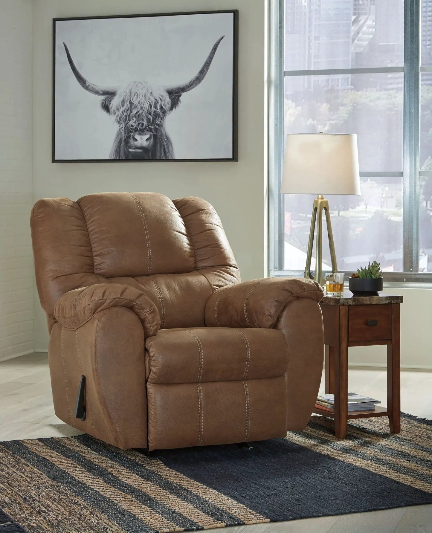 McGann Rocker Recliner by Unique Piece Furniture in tan brown leather on Tampa Home & Garden Store