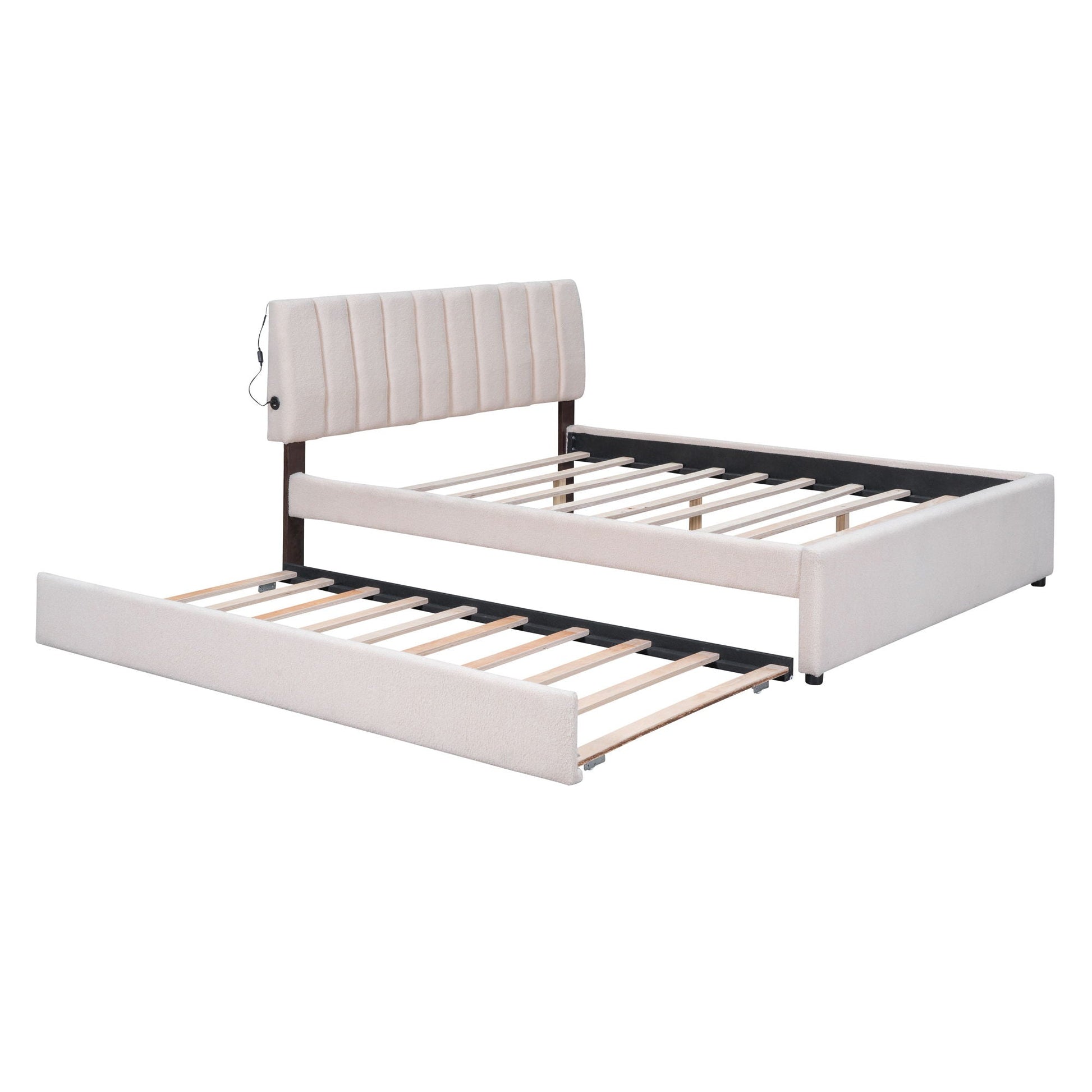 Upholstered Platform Bed With Trundle beige fabric headboard and wood frame HouseOfZazla on Tampa Home & Garden Store