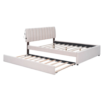Upholstered Platform Bed With Trundle beige fabric headboard and wood frame HouseOfZazla on Tampa Home & Garden Store