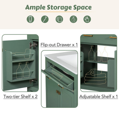 Modern green bathroom vanity with ceramic sink, soft-close doors, two-tier adjustable shelves on Tampa Home & Garden Store