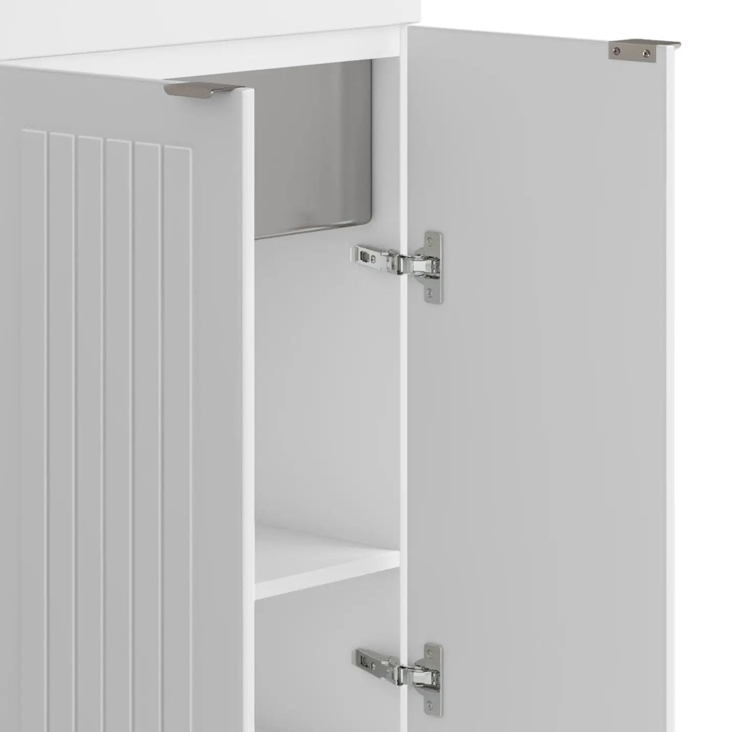 Murphy laundry cabinet in white with built-in stainless steel sink, 2-door vanity on Tampa Home & Garden Store
