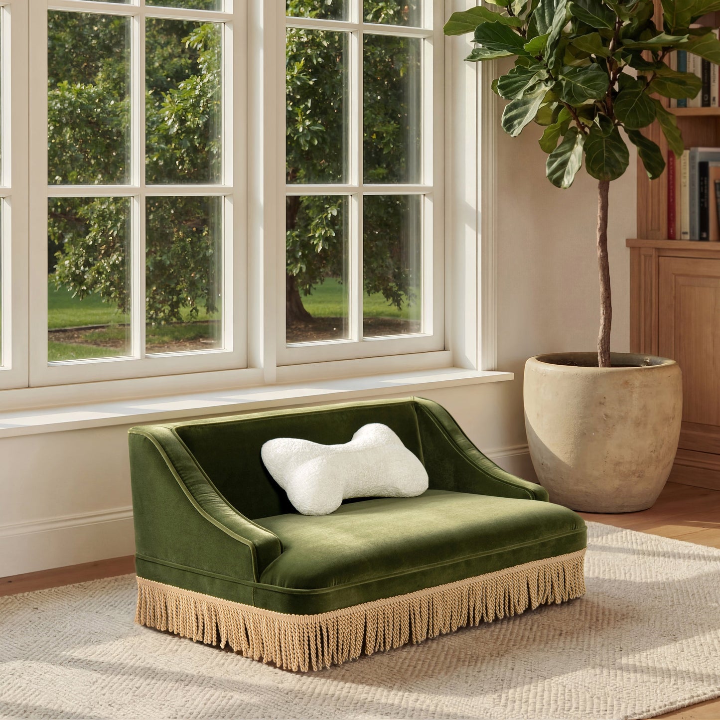 Duchess 33in Princess Pet Bed Sofa in olive green velvet with fringe skirt, one piece on Tampa Home & Garden Store