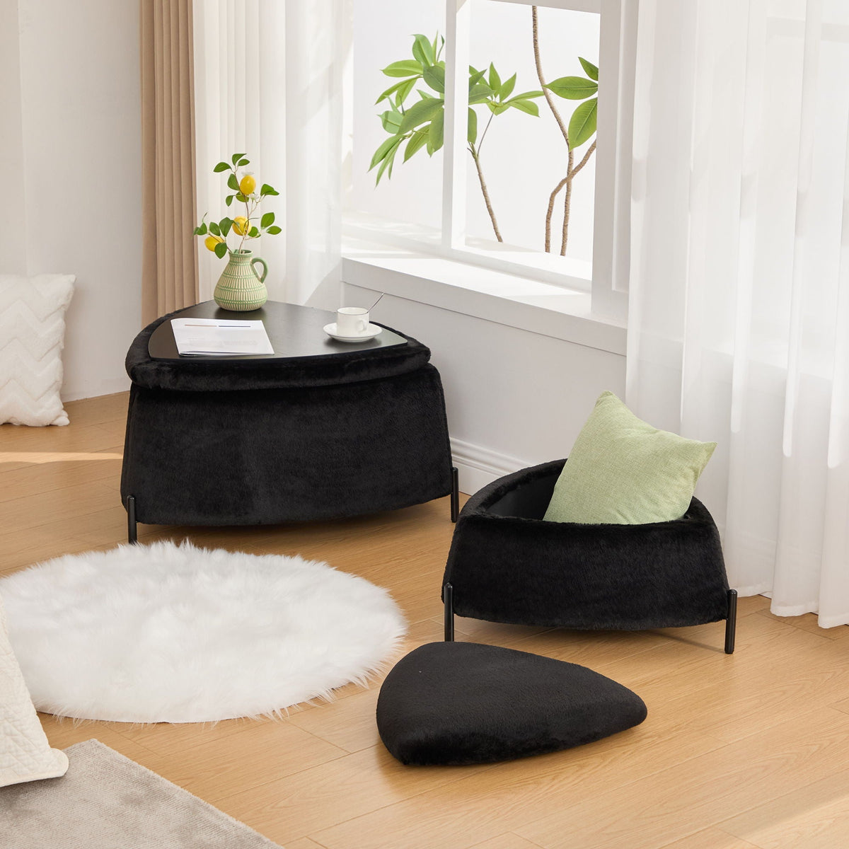 Upholstered Storage Ottoman Set with Reversible Lid, black fabric; 2-piece living room ottomans on Tampa Home & Garden Store