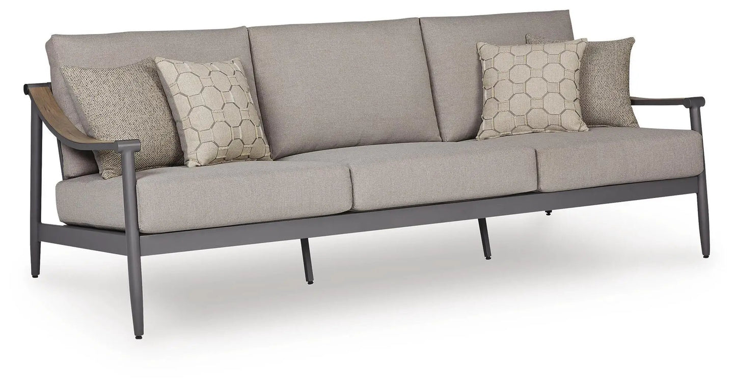 Ocean Beach sofa by Unique Piece Furniture, gray fabric, metal frame, pillows on Tampa Home & Garden Store