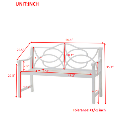 Outdoor Garden Patio Bench with white metal scrollwork backrest and bottom shelf on Tampa Home & Garden Store