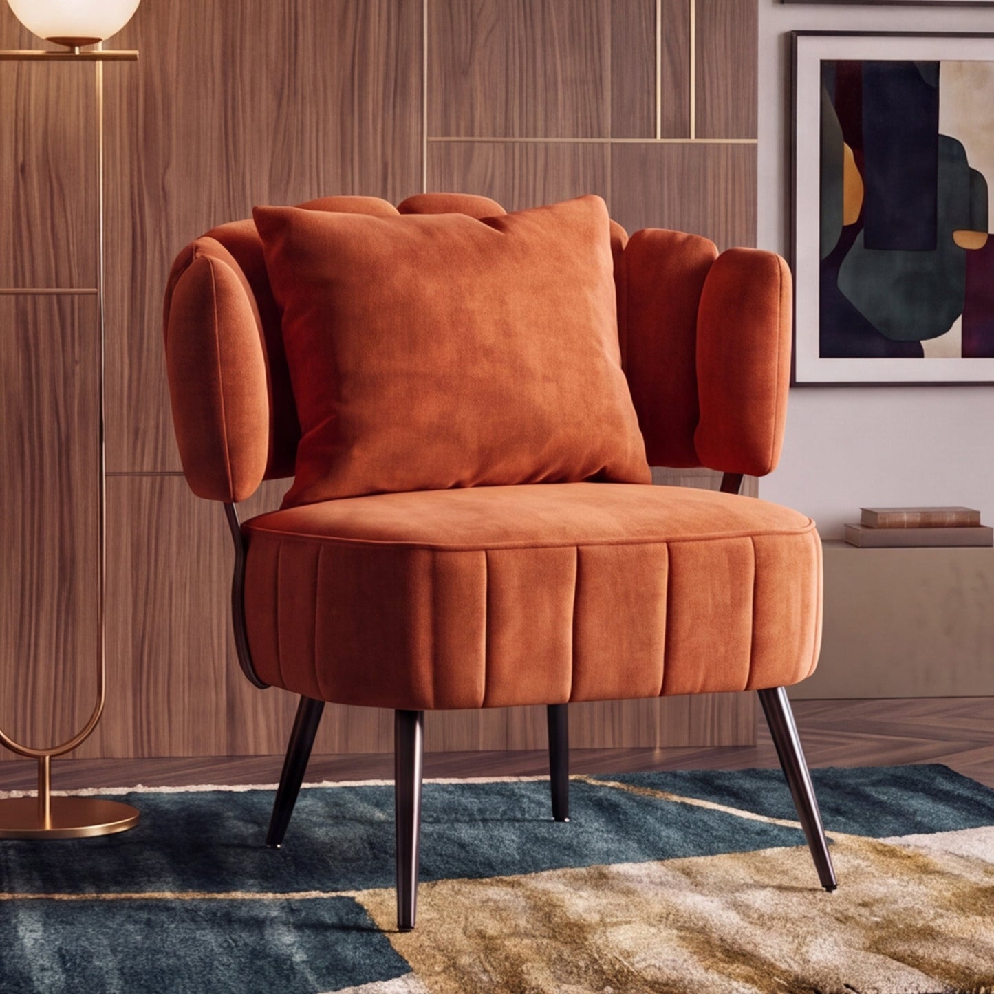 Decorative Armchair Spring Seat Cushion orange velvet by HouseOfZazla with black metal legs on Tampa Home & Garden Store