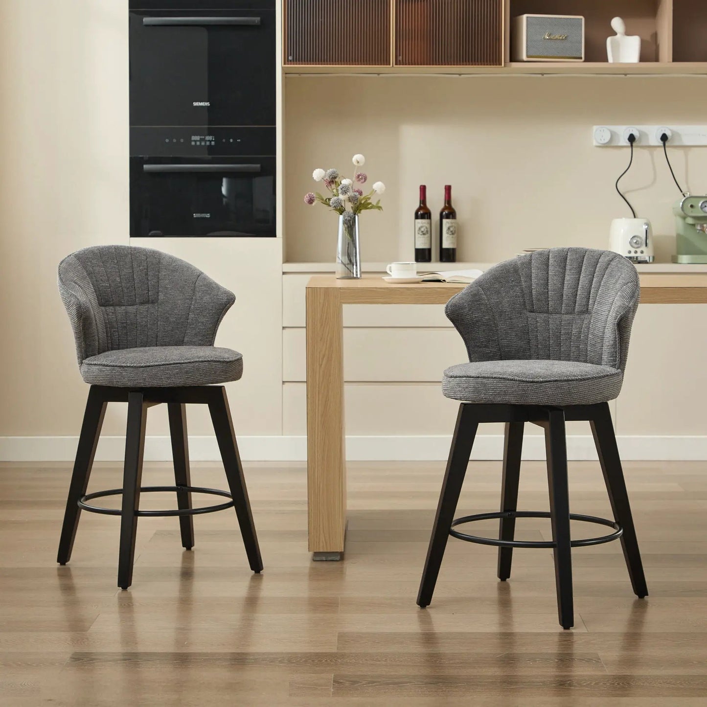 Wing Back Swivel Bar Stools (Set of 2), gray fabric, black metal legs, Unique Piece Furniture on Tampa Home & Garden Store