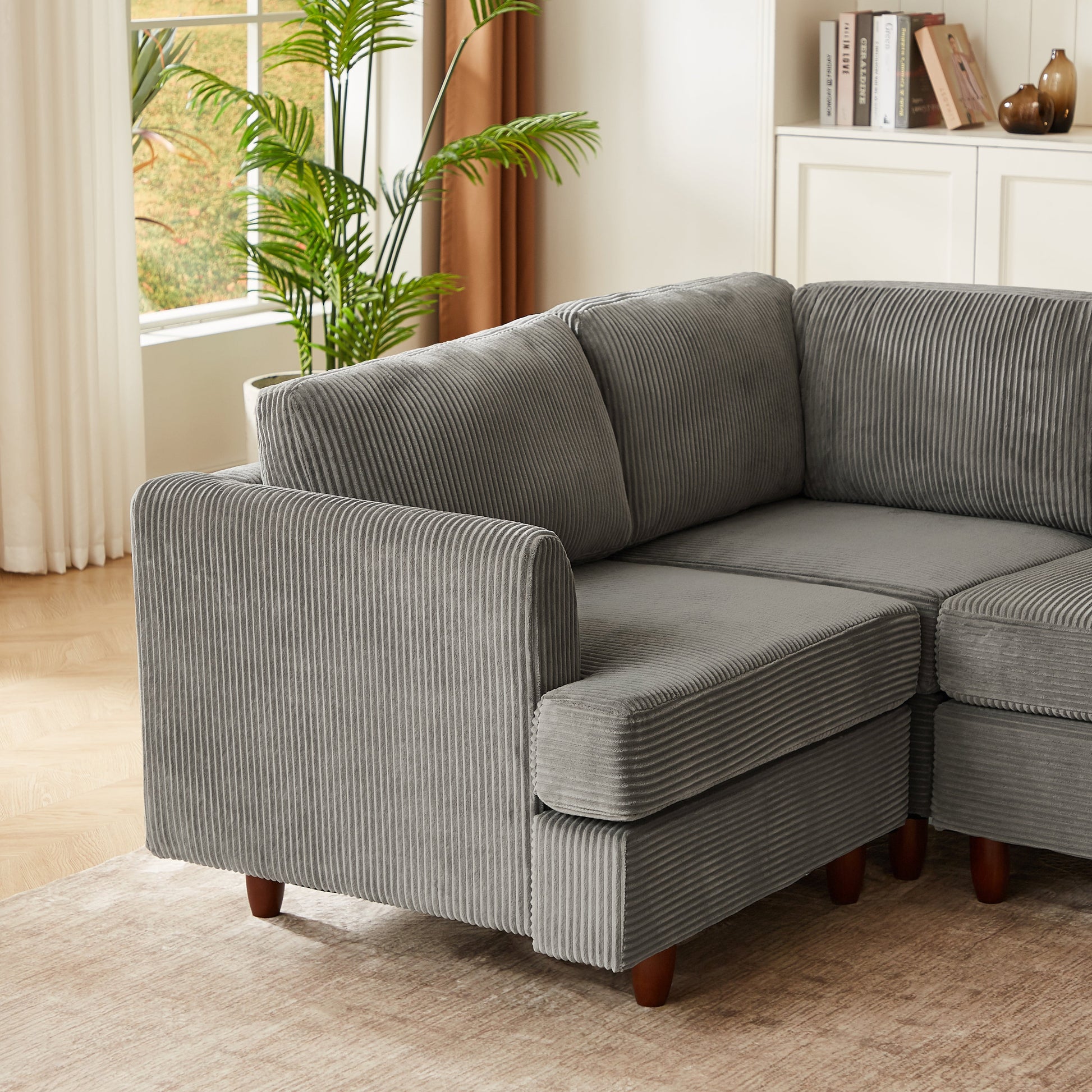 Modular sectional sofa, gray corduroy, 6-seat sleeper with wooden legs on Tampa Home & Garden Store