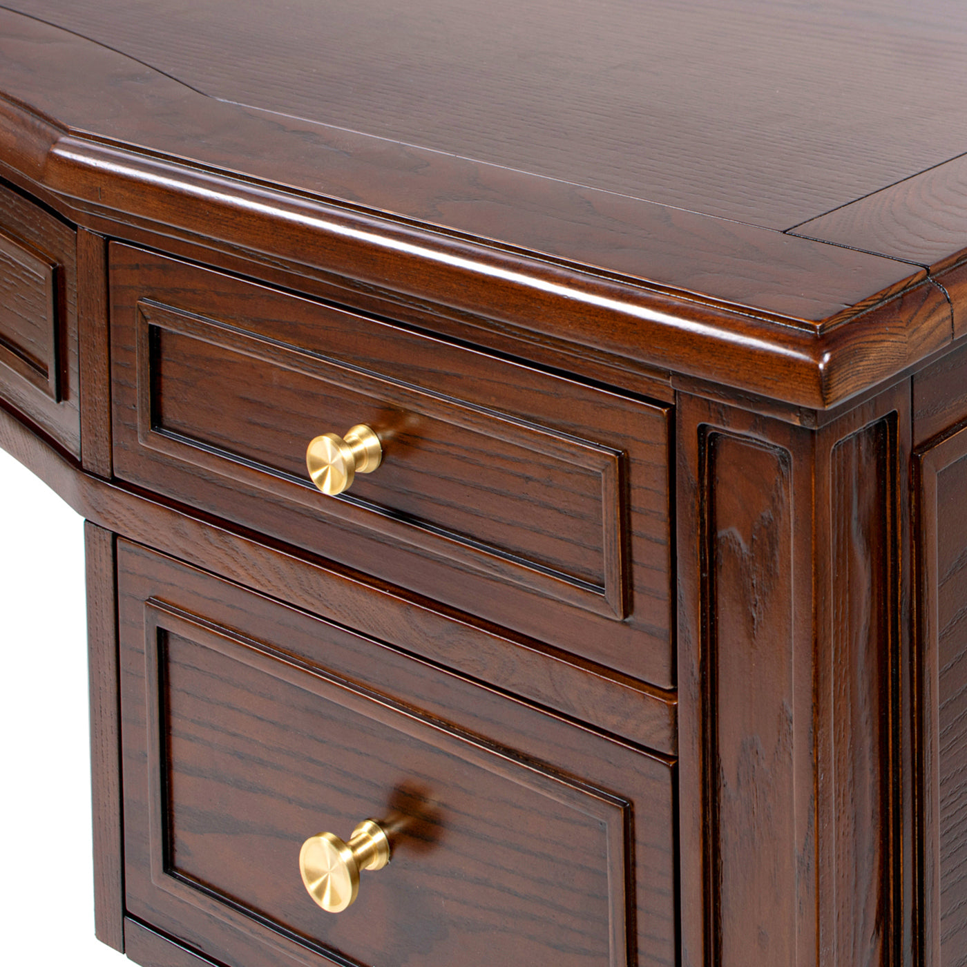 Dauphin Gold Accent 5-Drawer Desk in dark walnut ash wood veneer with brass knobs on Tampa Home & Garden Store