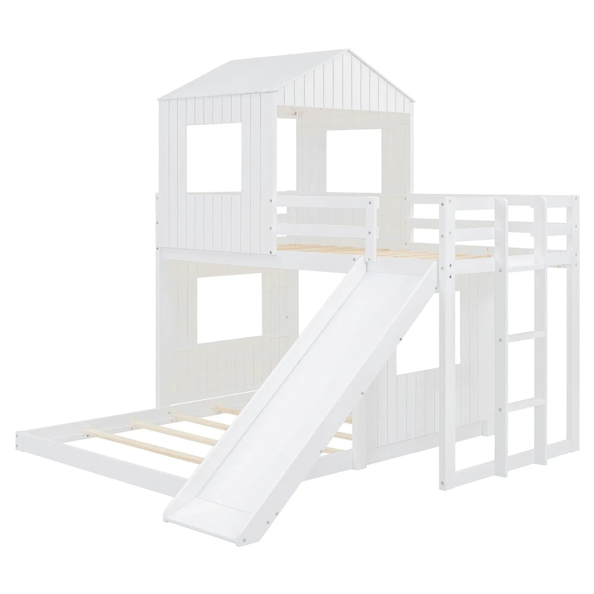 Loft bunk bed with playhouse in white farmhouse style by Unique Piece Furniture with slide on Tampa Home & Garden Store