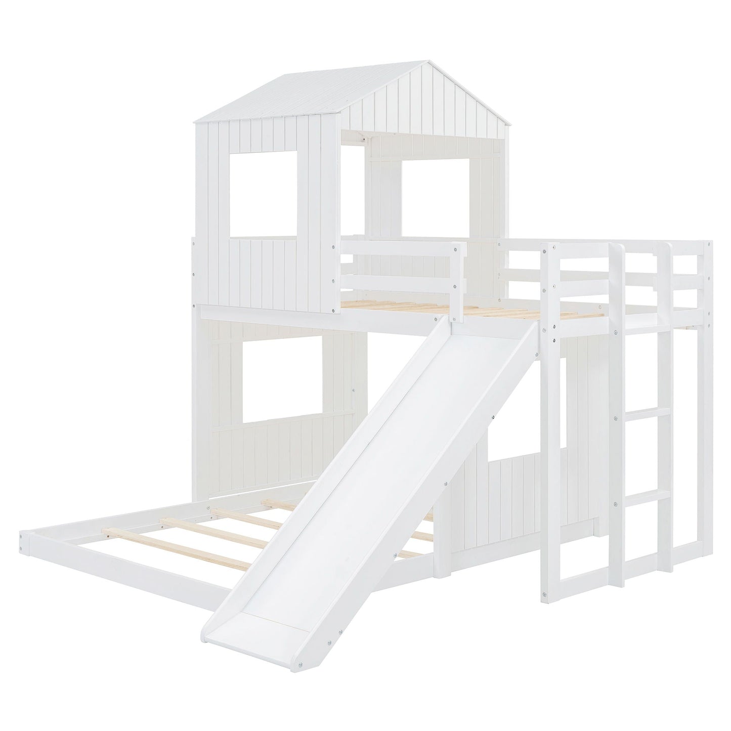 Loft bunk bed with playhouse, white wood finish, ladder, guardrails and slide HouseOfZazla on Tampa Home & Garden Store