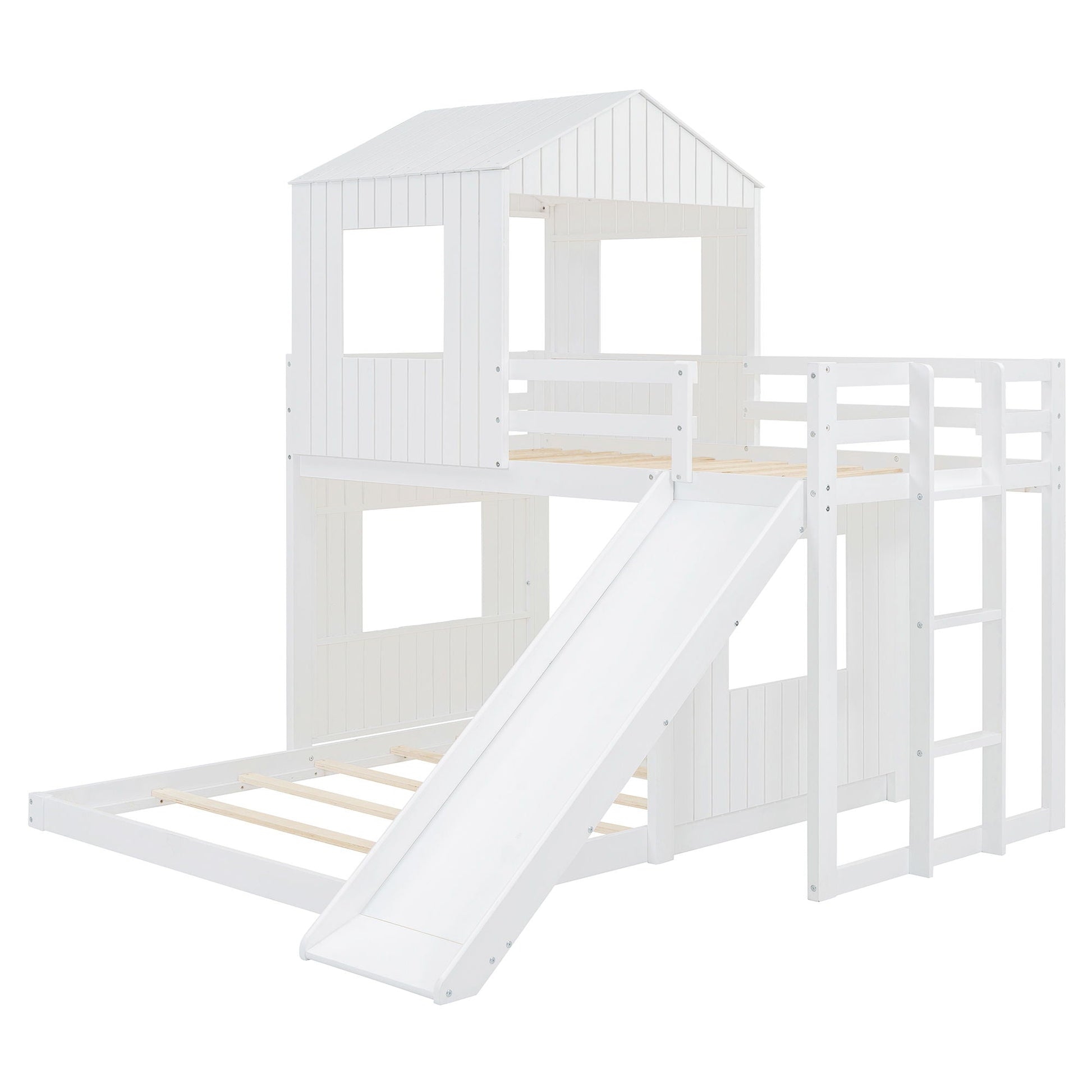 Loft bunk bed with playhouse, white wood finish, ladder, guardrails and slide HouseOfZazla on Tampa Home & Garden Store