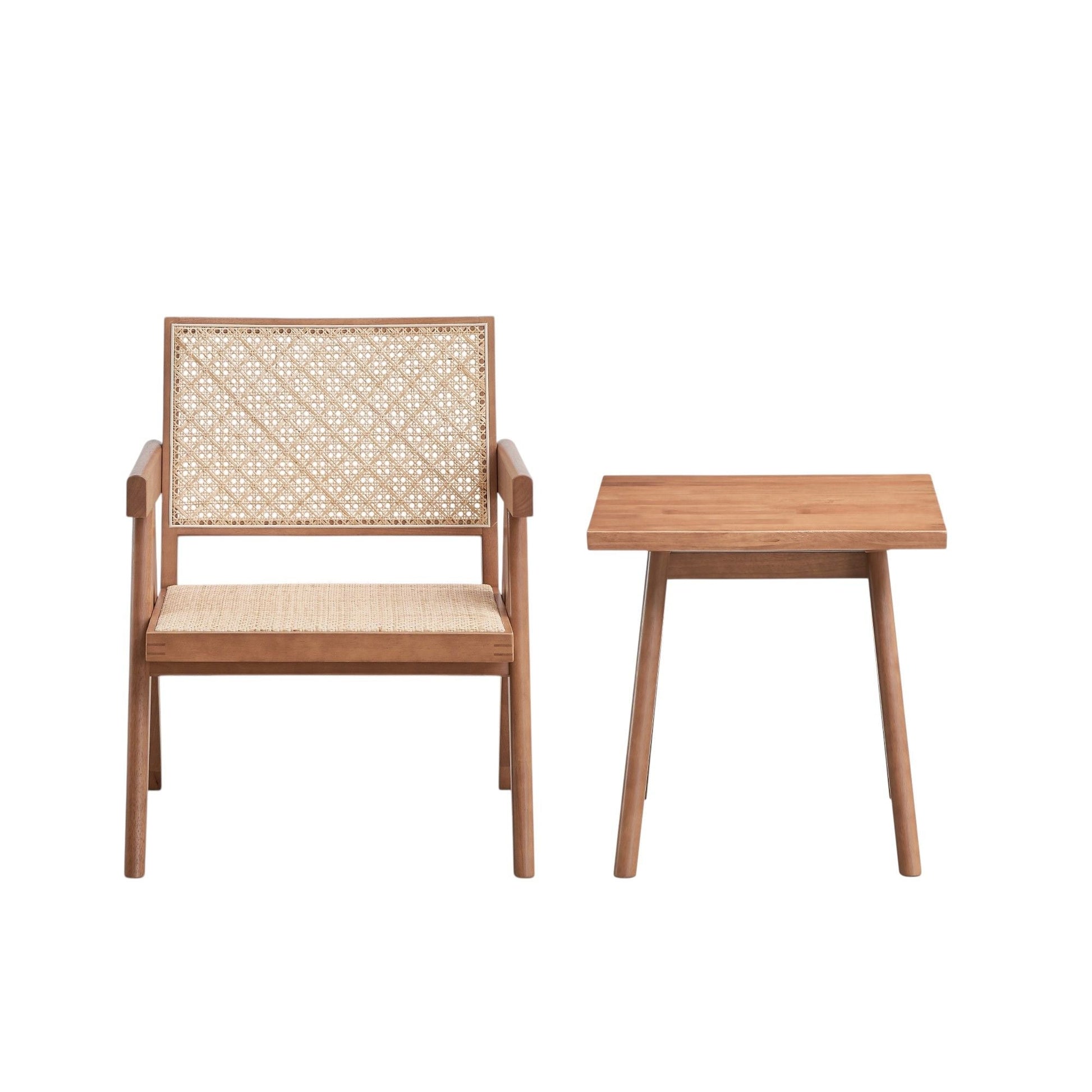 Armchair and square end table 2-piece living room set in natural wood with cane-weave back on Tampa Home & Garden Store