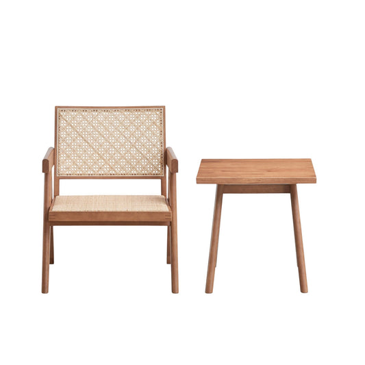 Armchair and square end table 2-piece living room set in natural wood with cane-weave back on Tampa Home & Garden Store