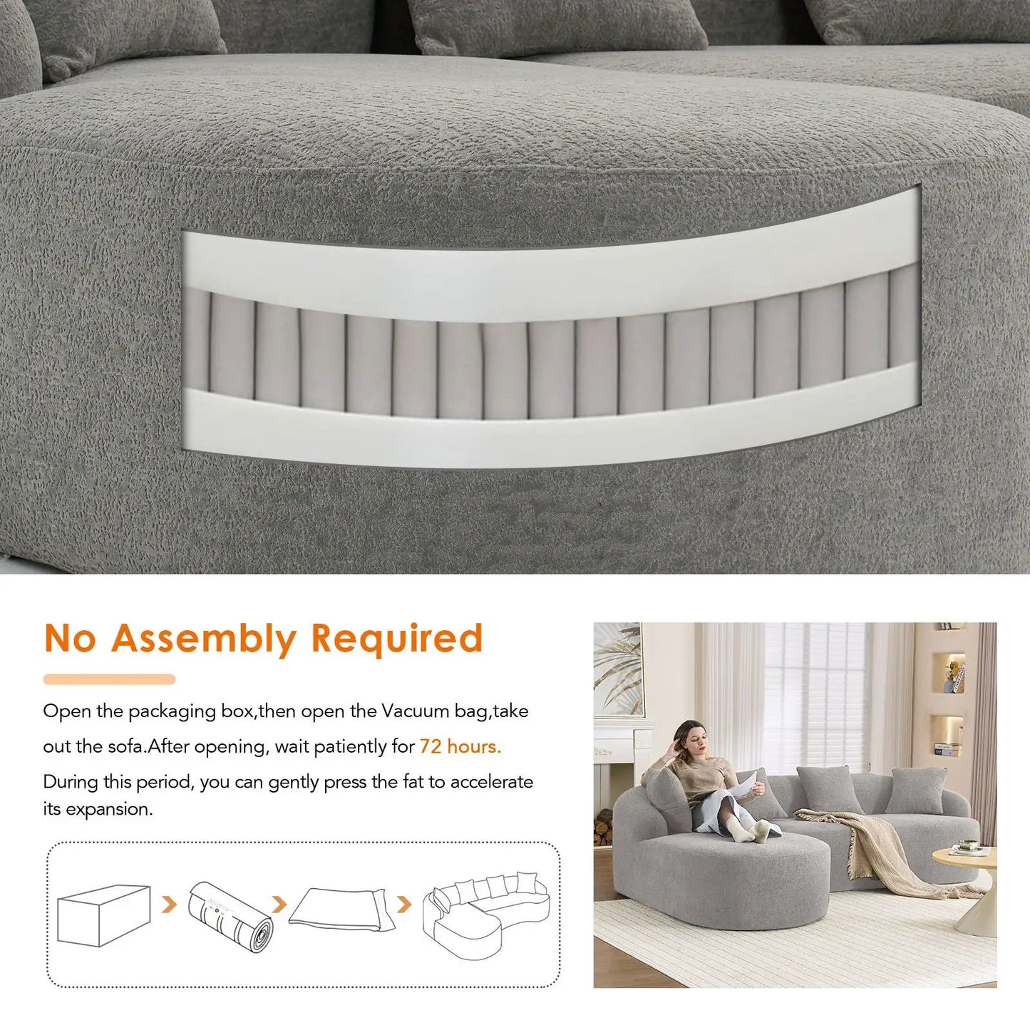 Combined sofa with 4 pillows, gray plush stationary sectional with curved white panel on Tampa Home & Garden Store
