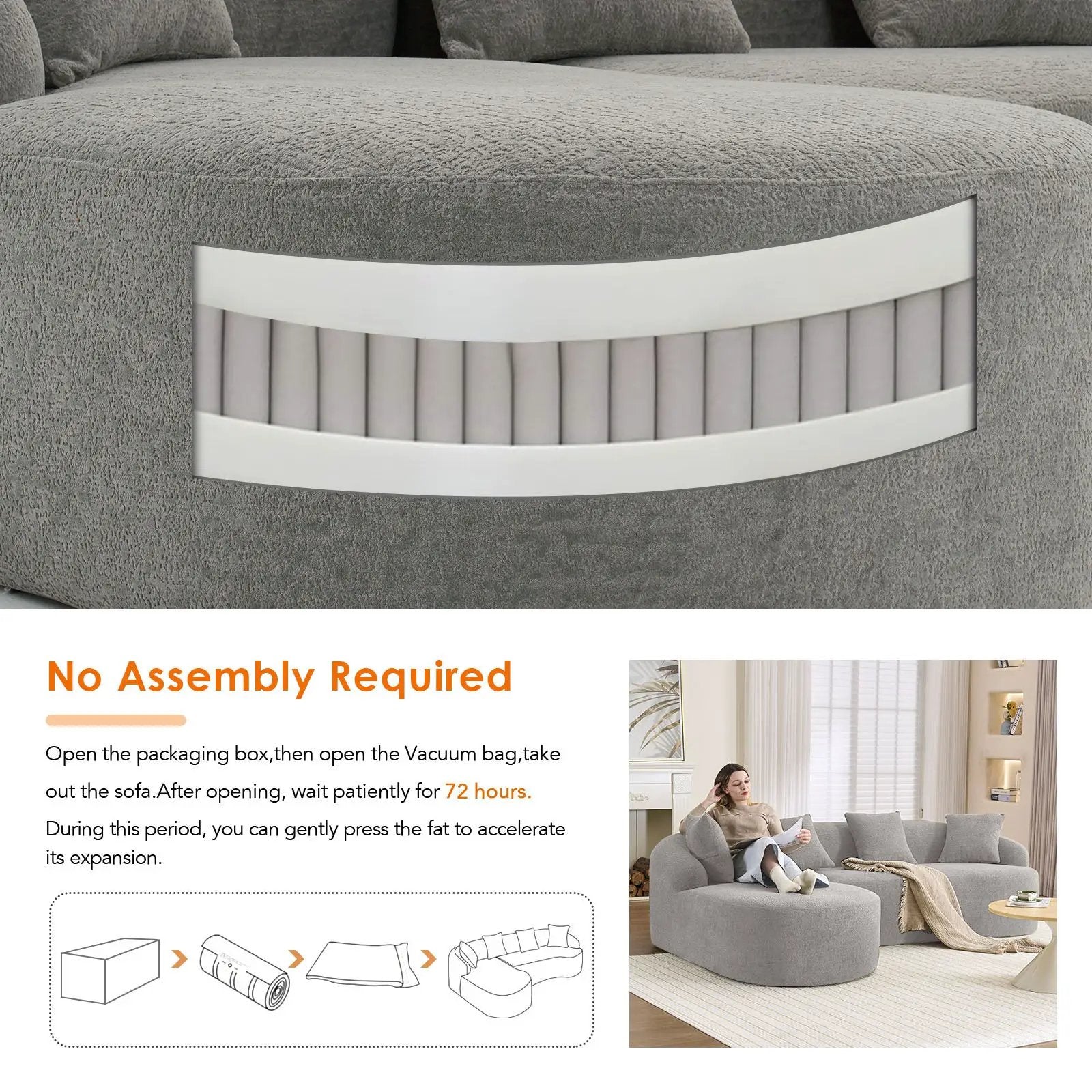 Combined sofa with 4 pillows, gray plush stationary sectional with curved white panel on Tampa Home & Garden Store