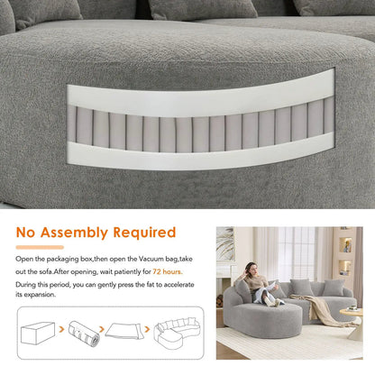 Combined sofa with 4 pillows, gray plush stationary sectional with curved white panel on Tampa Home & Garden Store