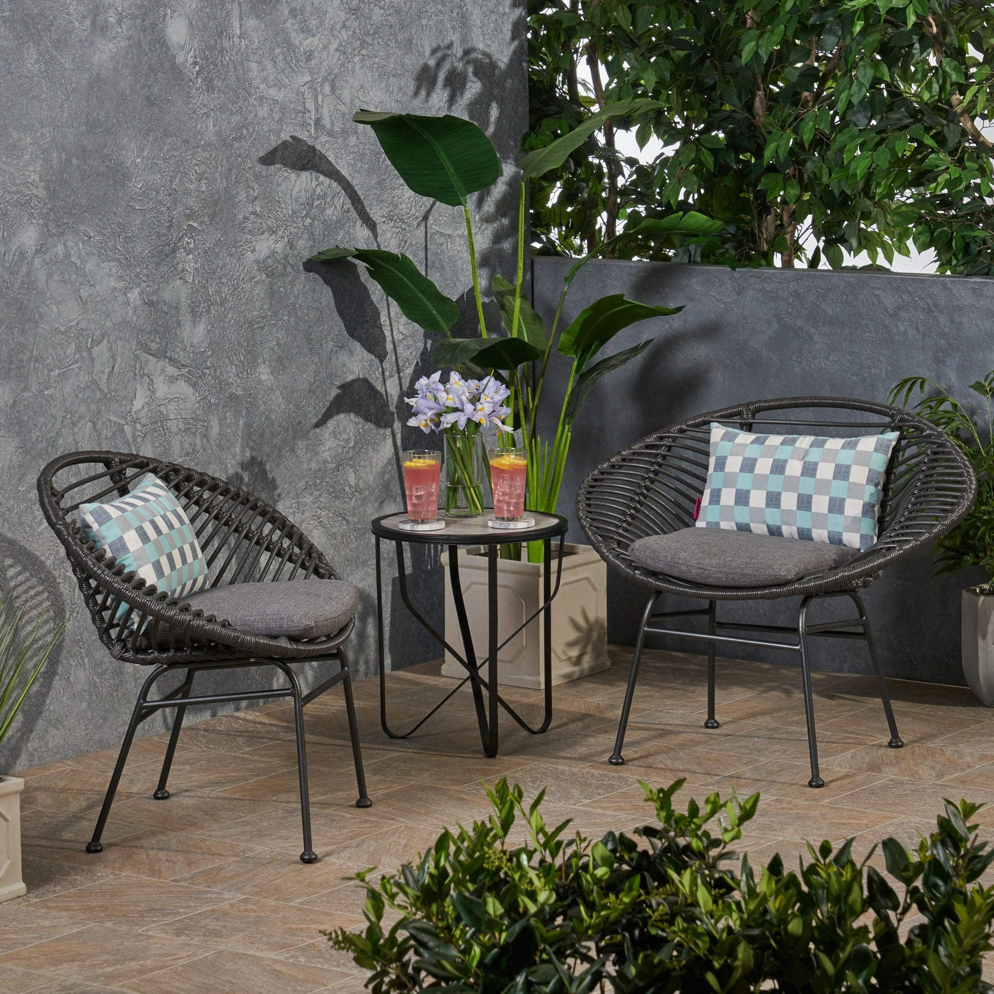 Cordella outdoor wicker chairs with cushions set of 2, dark brown wicker with gray cushions on Tampa Home & Garden Store