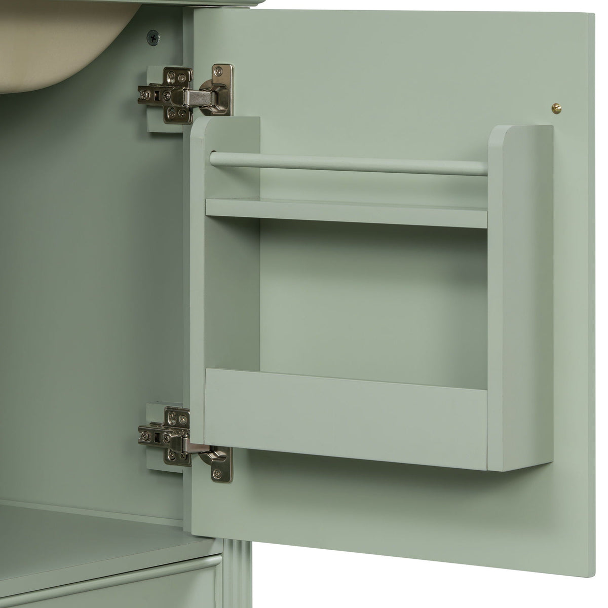 Retro bathroom vanity with sink in green, soft-close hinges and towel bar by HouseOfZazla on Tampa Home & Garden Store