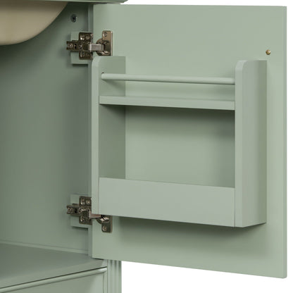 Retro bathroom vanity with sink in green, soft-close hinges and towel bar by HouseOfZazla on Tampa Home & Garden Store