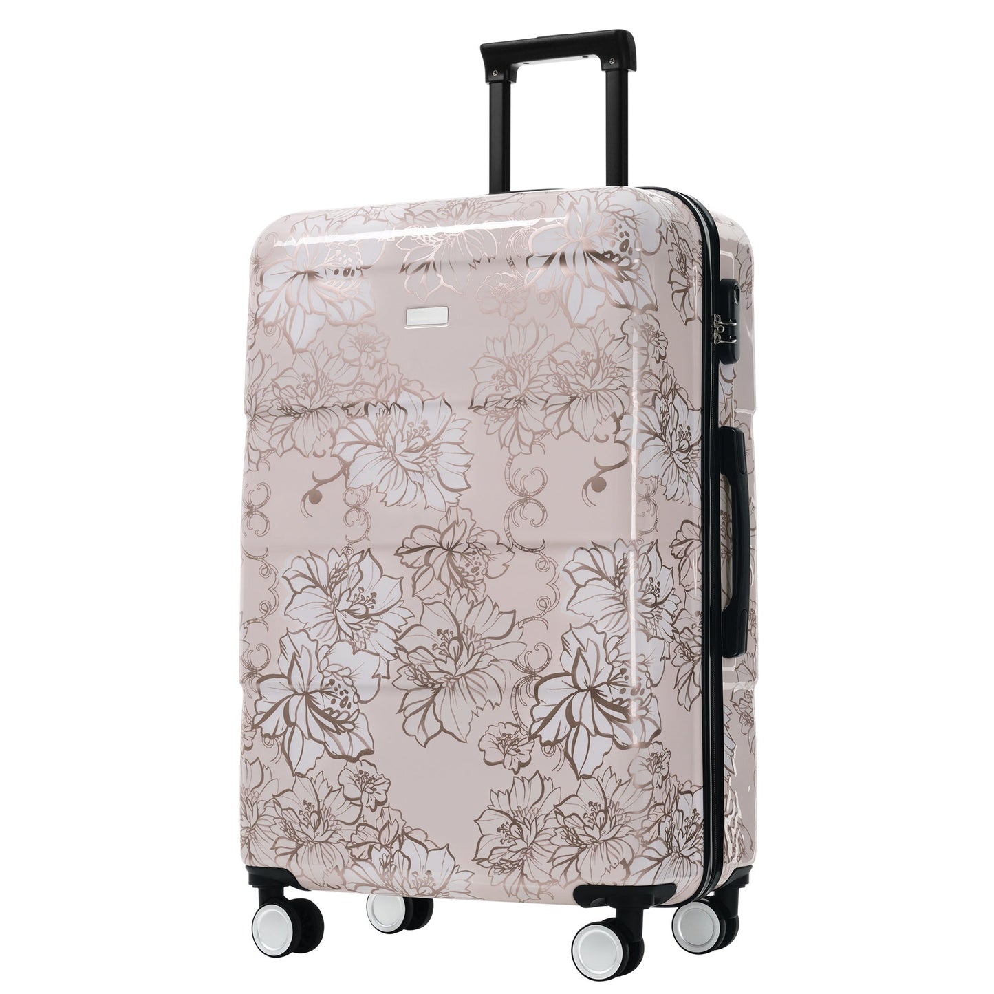 GigaTech 5-Piece PC+ABS Hardside Luggage Set; pink floral shell, black handle, spinner wheels on Tampa Home & Garden Store