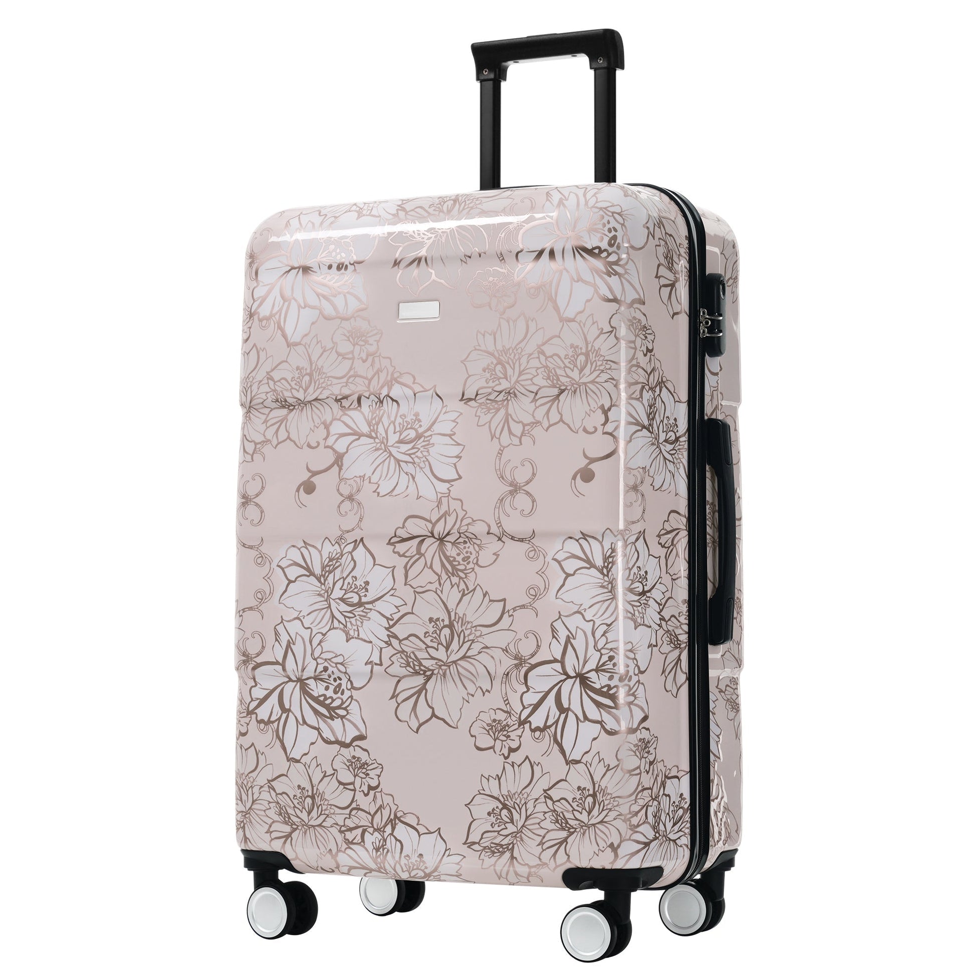 GigaTech 5-Piece PC+ABS Hardside Luggage Set; pink floral shell, black handle, spinner wheels on Tampa Home & Garden Store