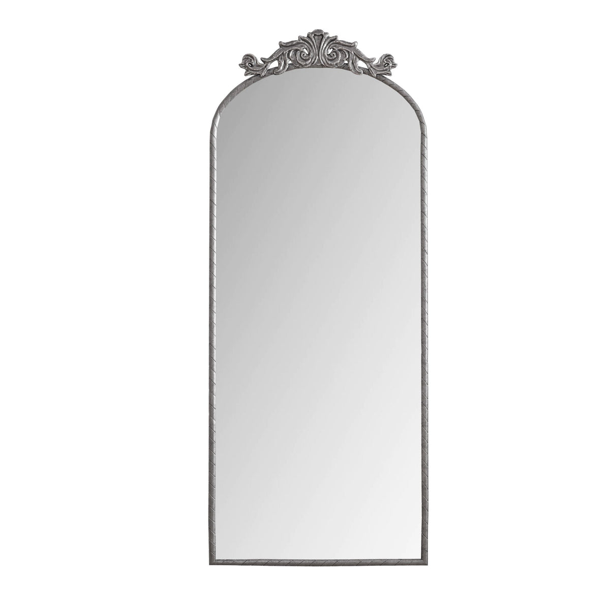 Vintage arched full-length wall mirror with carved applique in bronze or pearl silver on Tampa Home & Garden Store