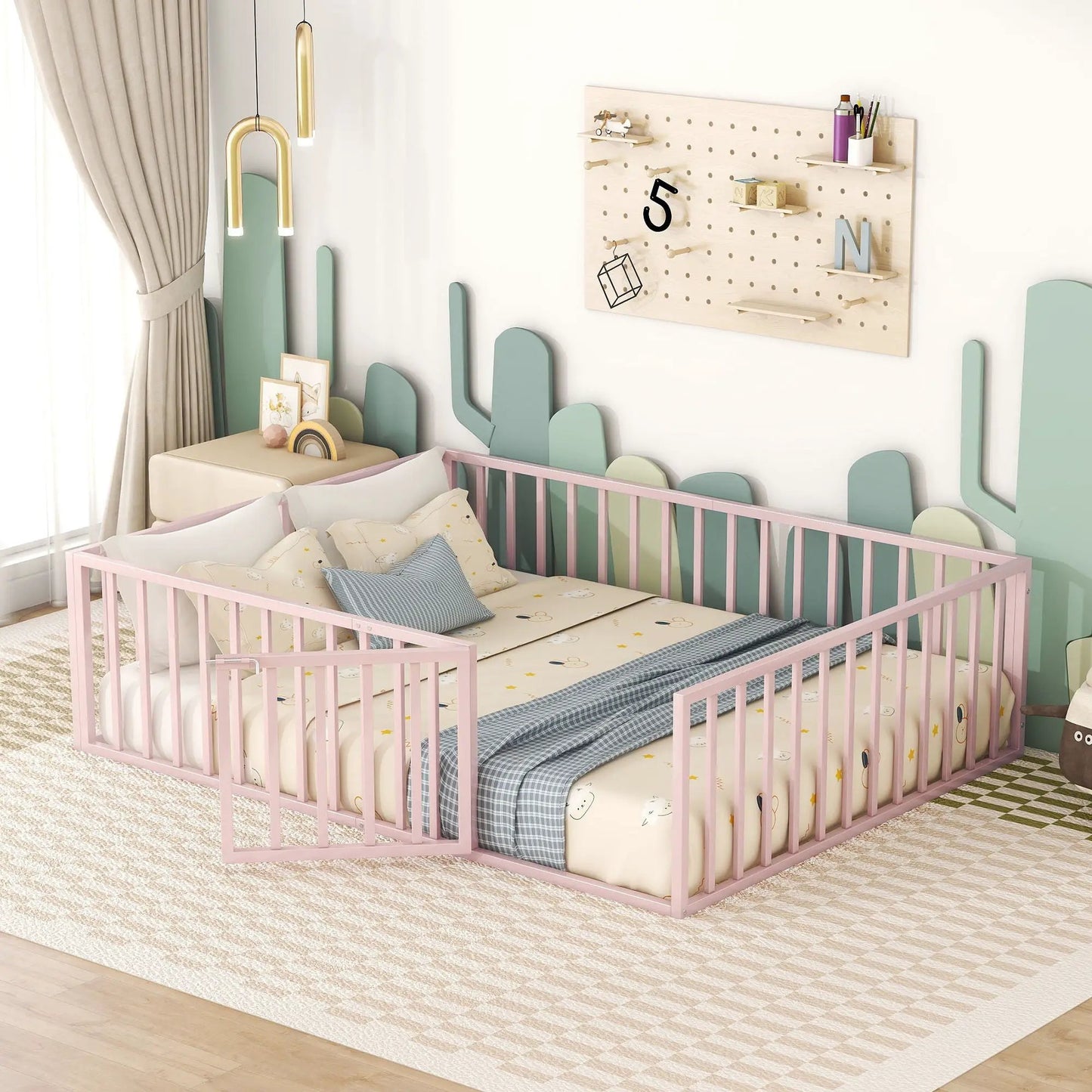 Metal floor bed frame with fence and door in pink with teal accents for a kid's room on Tampa Home & Garden Store