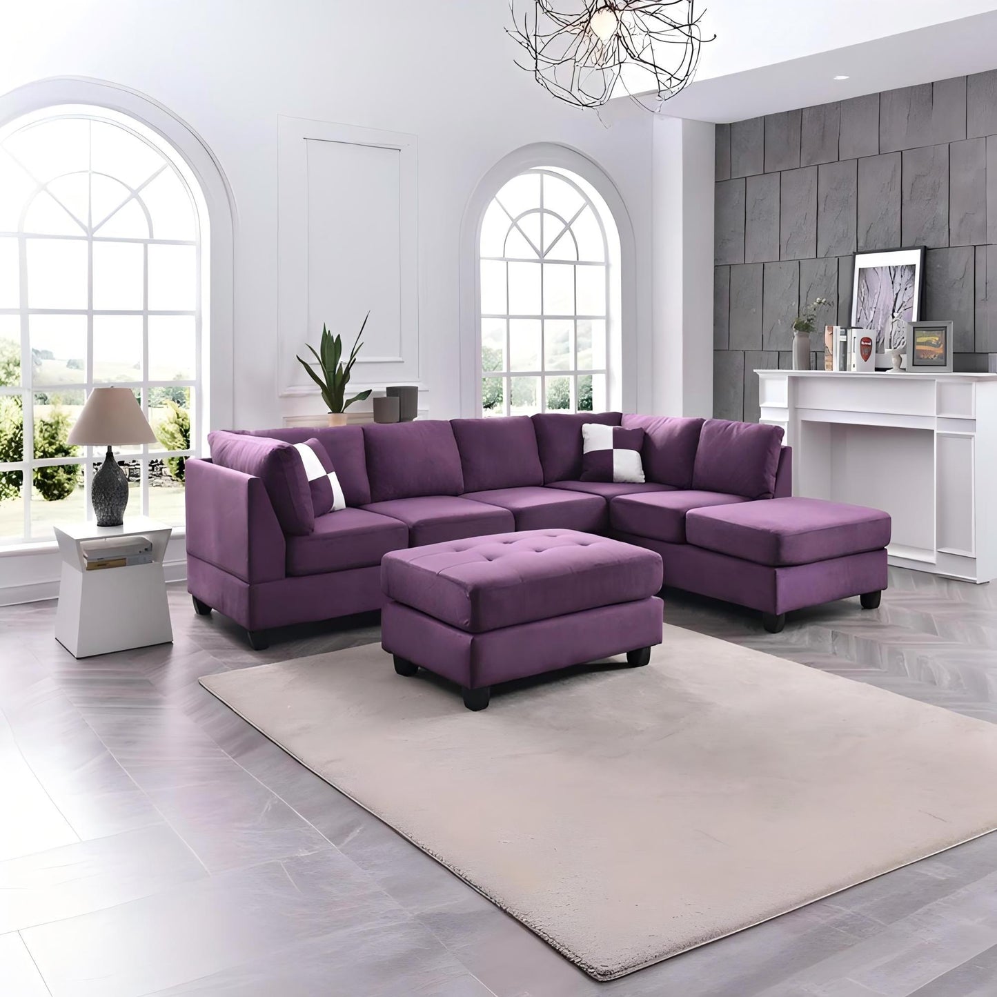 Malone Comfort Sectional in purple fabric with ottomans in a bright living room on Tampa Home & Garden Store