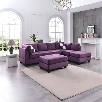 Malone Comfort Sectional in purple fabric with ottomans in a bright living room on Tampa Home & Garden Store