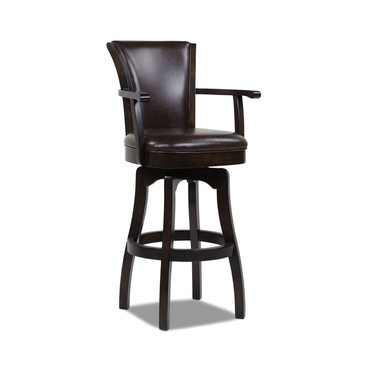 Williams Swivel Bar Stool Armrests, espresso leather, solid hardwood, 28–30 in, HouseOfZazla on Tampa Home & Garden Store