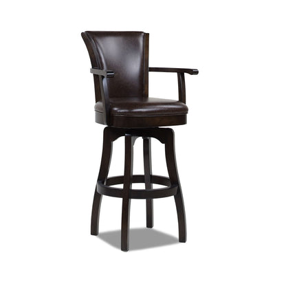 Williams Swivel Bar Stool Armrests, espresso leather, solid hardwood, 28–30 in, HouseOfZazla on Tampa Home & Garden Store