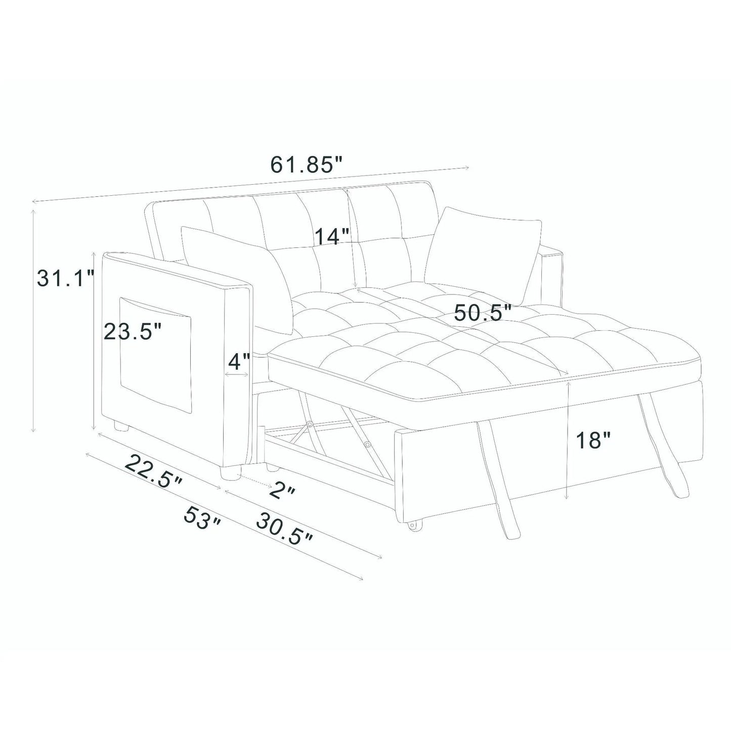 Sienna tufted convertible sleeper sofa with chaise in gray line drawing with measurements on Tampa Home & Garden Store