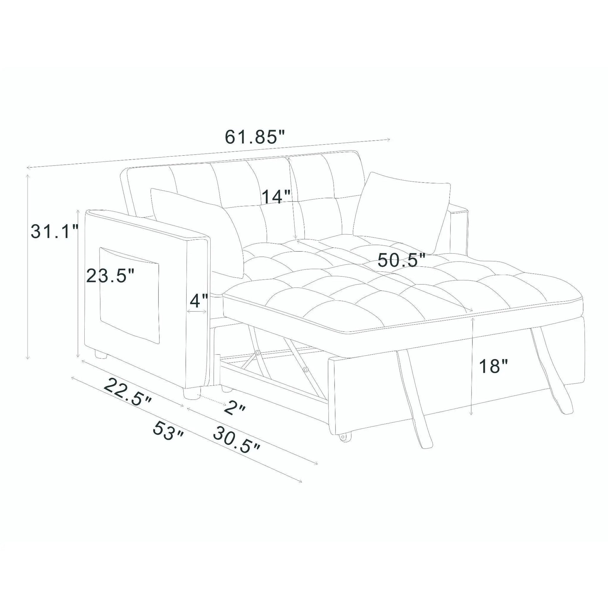 Sienna tufted convertible sleeper sofa with chaise in gray line drawing with measurements on Tampa Home & Garden Store