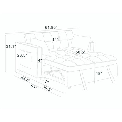Sienna tufted convertible sleeper sofa with chaise in gray line drawing with measurements on Tampa Home & Garden Store