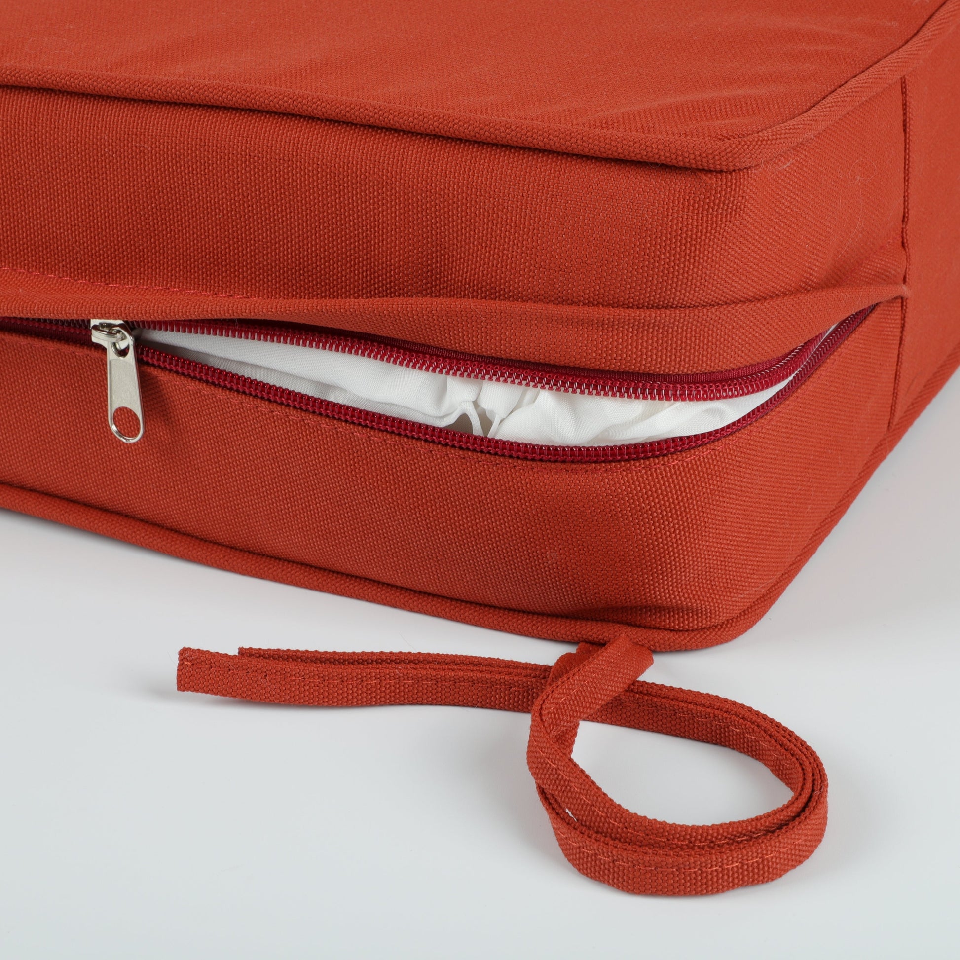 Outdoor Deep Seat Cushions set of 2 in orange fabric with red zipper, HouseOfZazla on Tampa Home & Garden Store